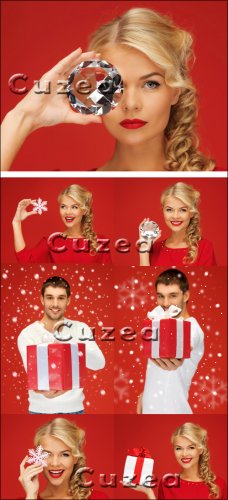 The girl with a jewel and the guy with a gift on a red background - Stock p ...