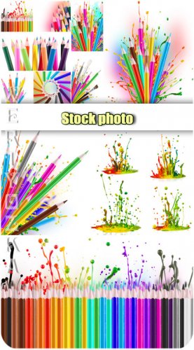  ,    / Colored pencils, splashes paint - Raster clipart