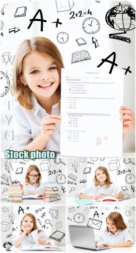   ,  / Girl with books, lessons - Raster clipart