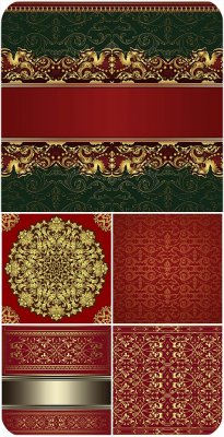        / Red vector background with golden vintage pattern